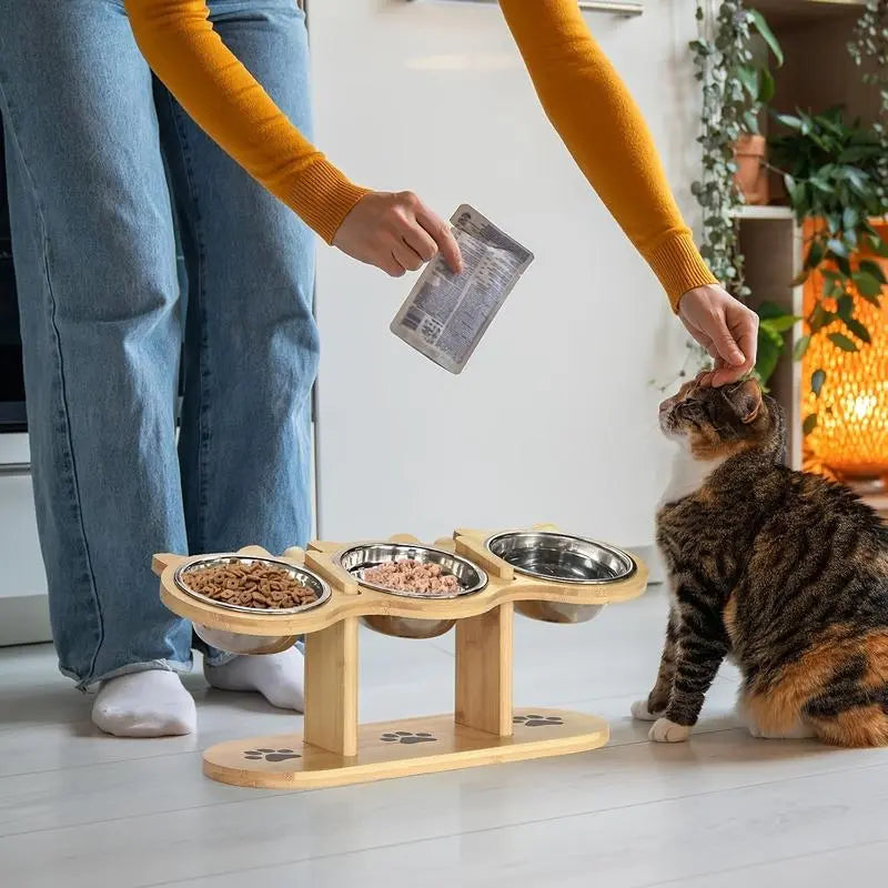 Multi-Layer Elevated Cat Feeder with Stainless Steel Food & Water Bowls, Adjustable Height Design, Includes 3 Stands, Easy-To-Assemble & Portable, Ideal for Multiple Cats, Feeding Supplies for Pet Lovers,Back to School