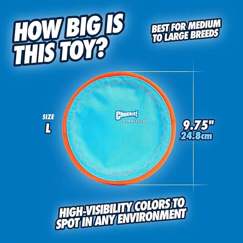 Chuckit! Paraflight Flying Disc Dog Toy - Water Floating Flyer - Durable Nylon Construction with Soft Rubber Edges - for Medium and Large Dogs - Size Large - 9.75" L X 9.75" W - Pack of 1