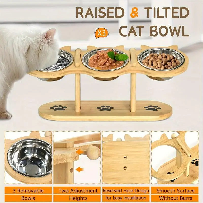 Multi-Layer Elevated Cat Feeder with Stainless Steel Food & Water Bowls, Adjustable Height Design, Includes 3 Stands, Easy-To-Assemble & Portable, Ideal for Multiple Cats, Feeding Supplies for Pet Lovers,Back to School